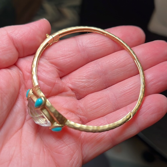 Kiam Family hammered gold tone faux turquoise MOP flash hinged bracelet - Picture 4 of 9